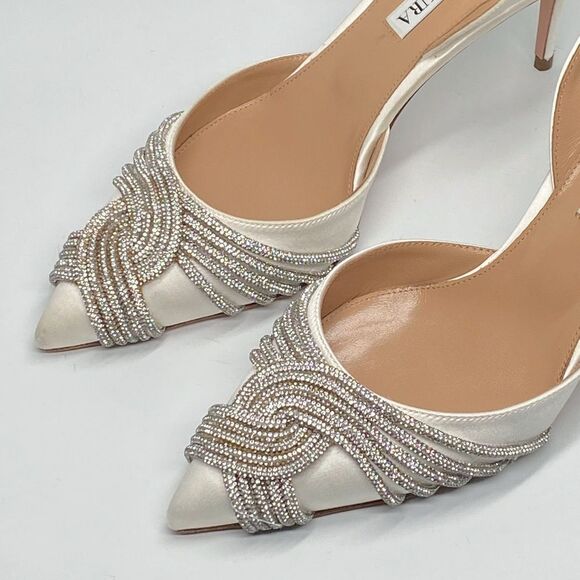 Aquazzura Gatsby 75 Crystal-Embellished Satin Pumps size 37 - Picture 8 of 16
